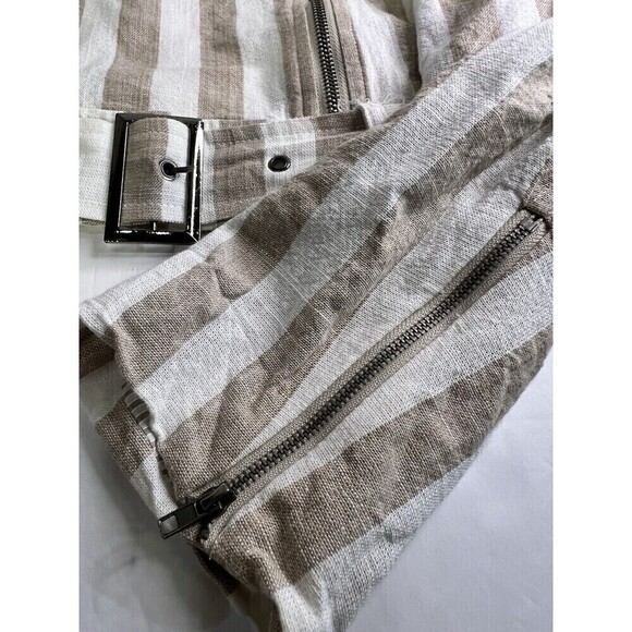 Lulu’s Vacation Signature Taupe and Ivory Striped Belted Moto Jacket Large - Picture 13 of 16